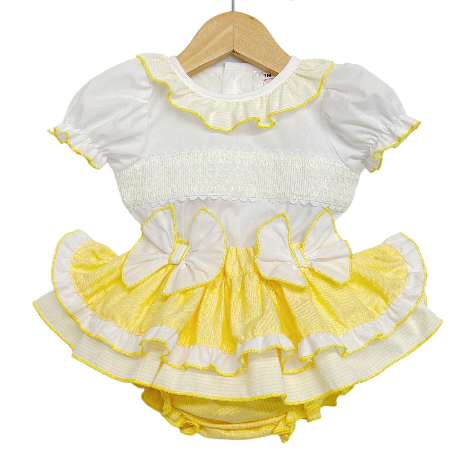 Baby Girl Yellow Frilly Skirt with Smocked Shirt Satin Bows "MYD2224"