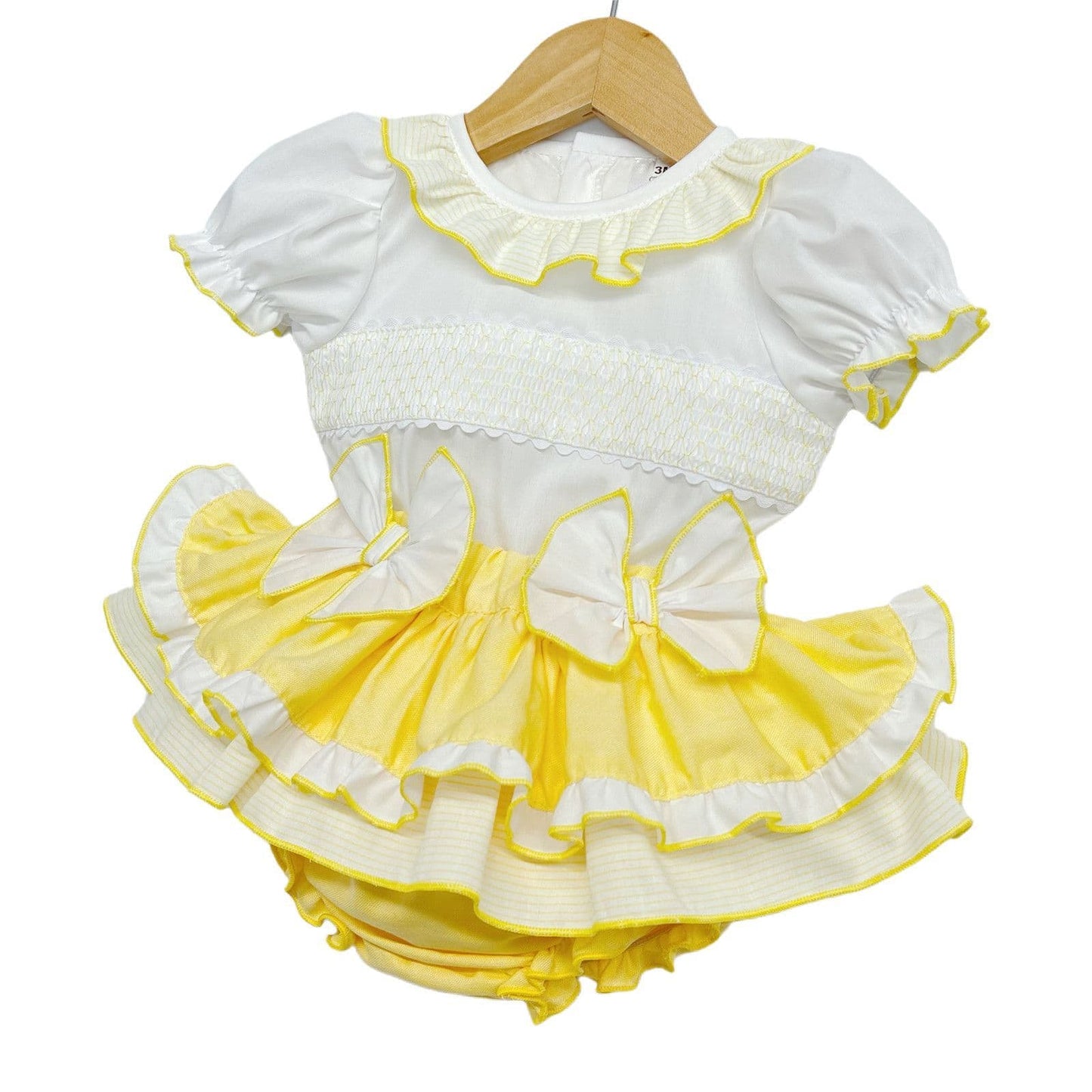 Baby Girl Yellow Frilly Skirt with Smocked Shirt Satin Bows "MYD2224"