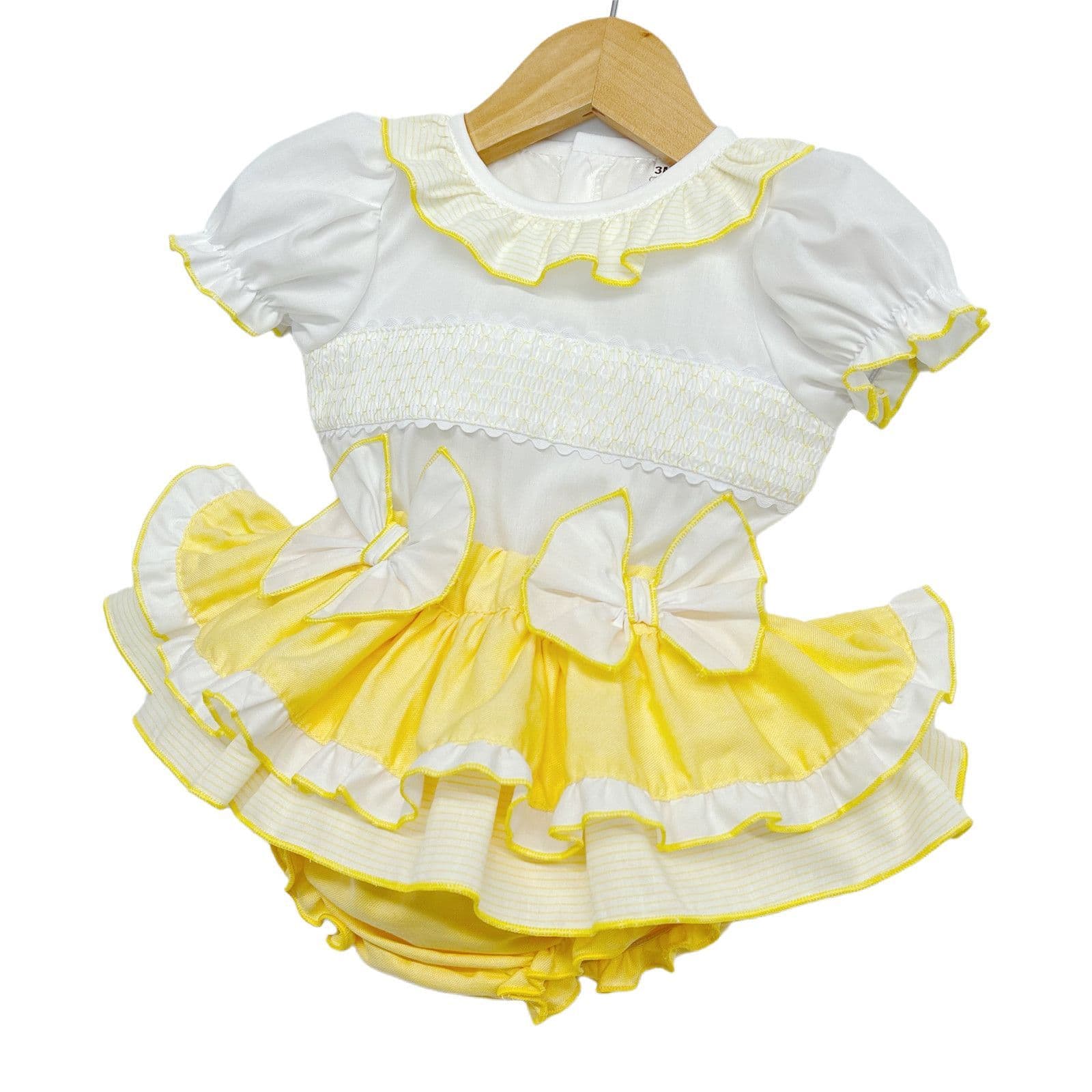 Baby Girl Yellow Frilly Skirt with Smocked Shirt Satin Bows "MYD2224"
