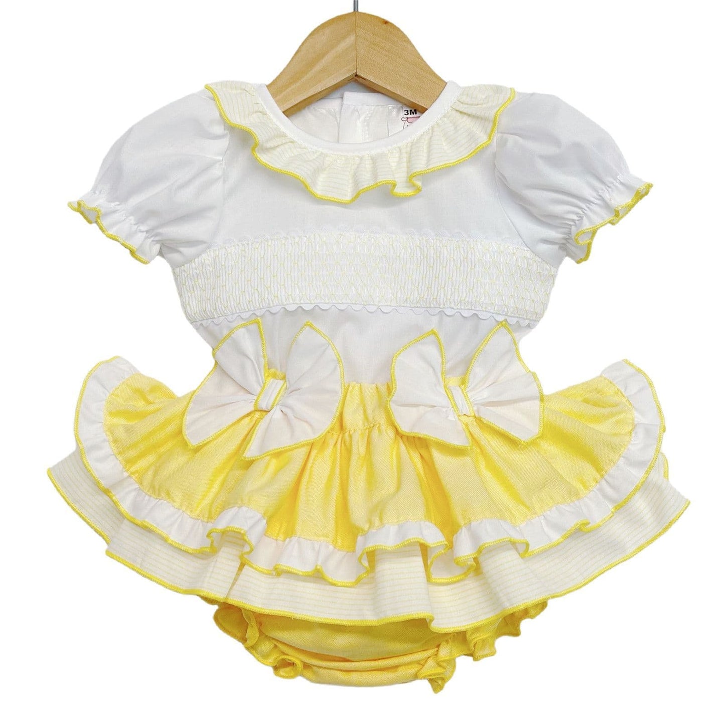 Baby Girl Yellow Frilly Skirt with Smocked Shirt Satin Bows "MYD2224"