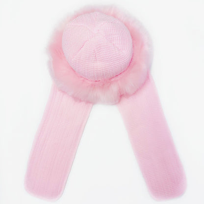 Baby Pink Russian Style Faux Fur Hat with Attached Scarf