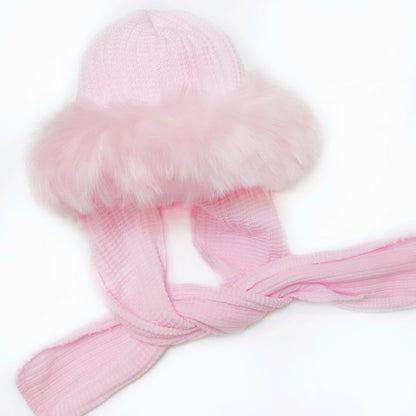 Baby Pink Russian Style Faux Fur Hat with Attached Scarf