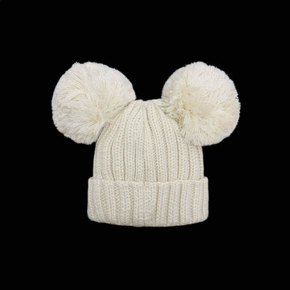 Baby Unisex Light Beige Double Pom Hat