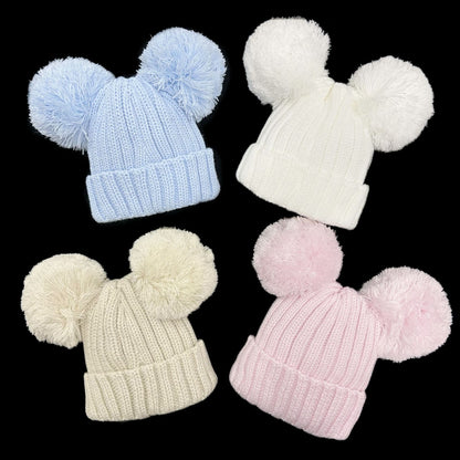 Baby Unisex Light Beige Double Pom Hat