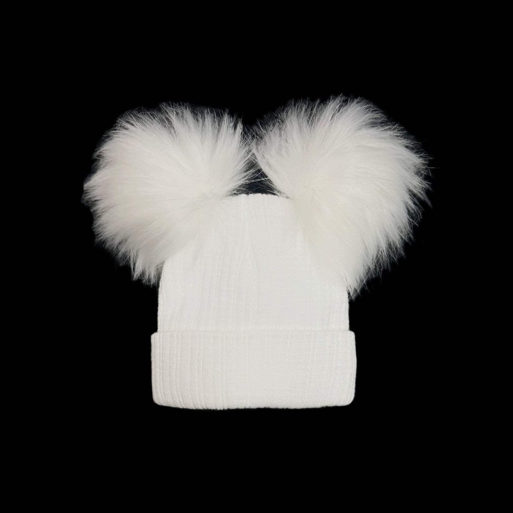 Baby Unisex White Double Faux Fur Pom Hat Ribbed Knit