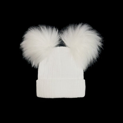 Baby Unisex White Double Faux Fur Pom Hat Ribbed Knit