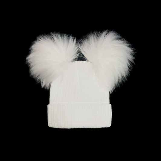 Baby Unisex White Double Faux Fur Pom Hat Ribbed Knit