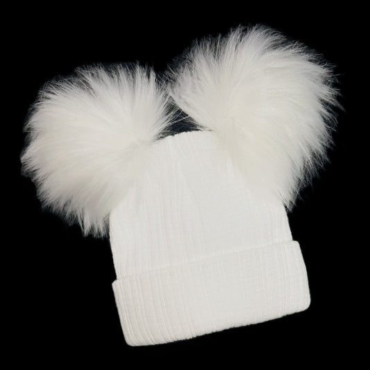 Baby Unisex White Double Faux Fur Pom Hat Ribbed Knit