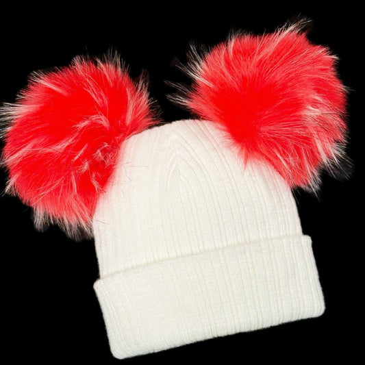 Baby Unisex White with Red Mega Double Pom Hat Faux Fur