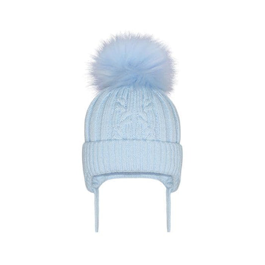 Blue Large Pom Cable Knit Tie Hat
