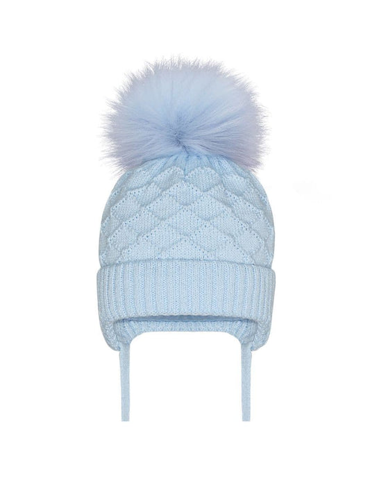 Blue Large Pom Diamond Knit Tie Hat