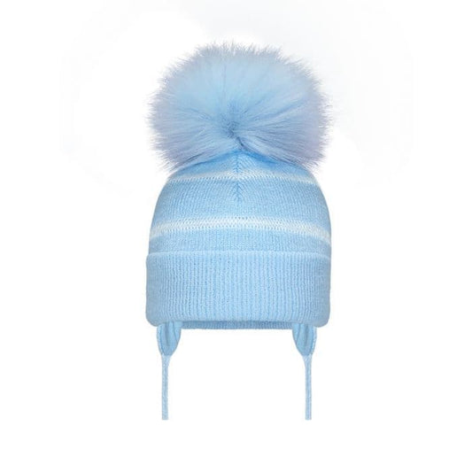 Blue/White Large Fur Pom Striped Turnover Hat with Ties