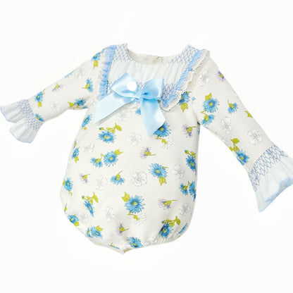 *Clearance* Baby Girl Blue/Cream Floral Smocked Romper "MYDC2468"