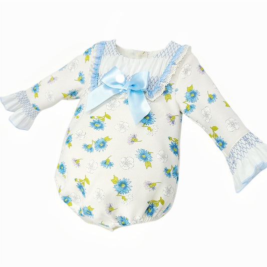 *Clearance* Baby Girl Blue/Cream Floral Smocked Romper "MYDC2468"