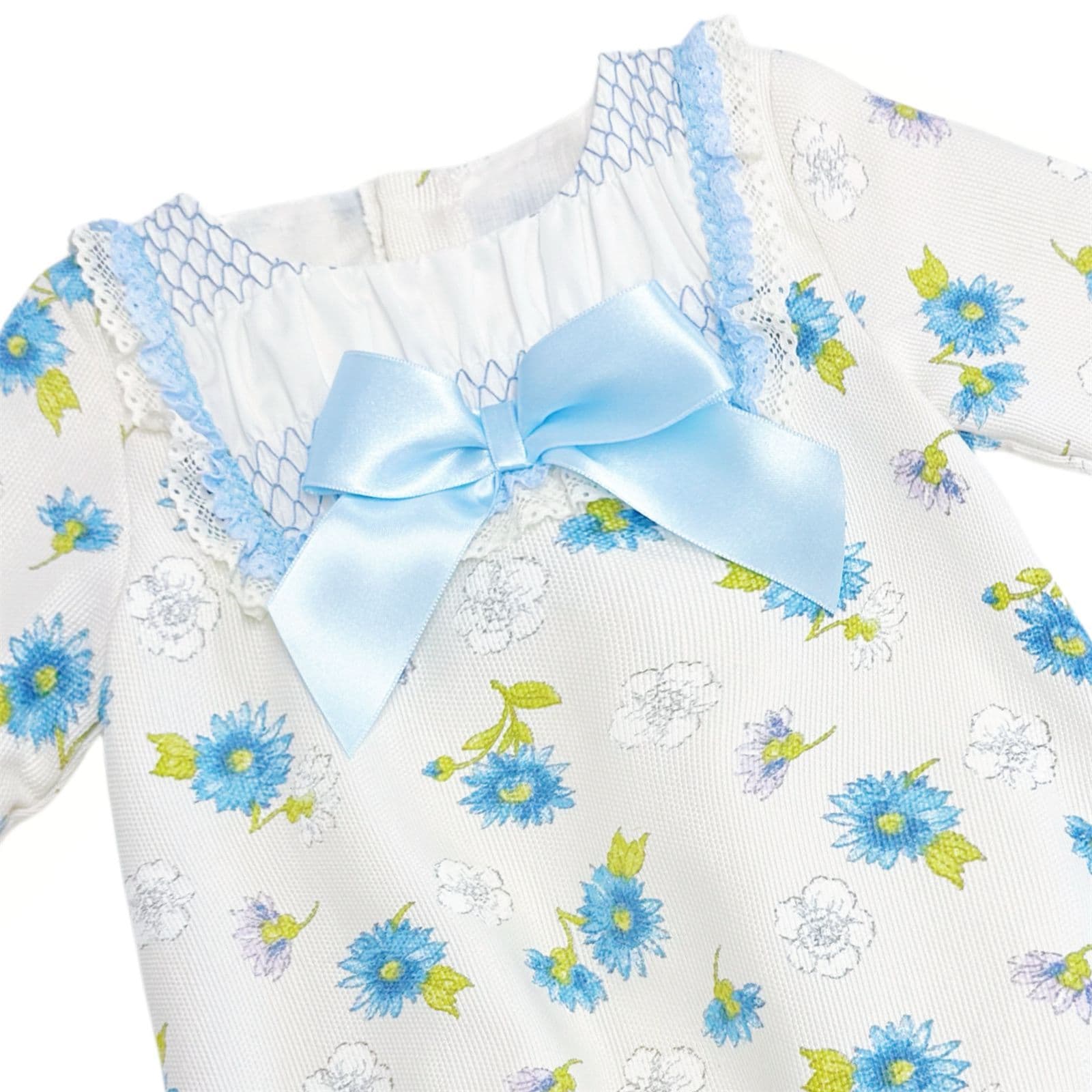 *Clearance* Baby Girl Blue/Cream Floral Smocked Romper "MYDC2468"