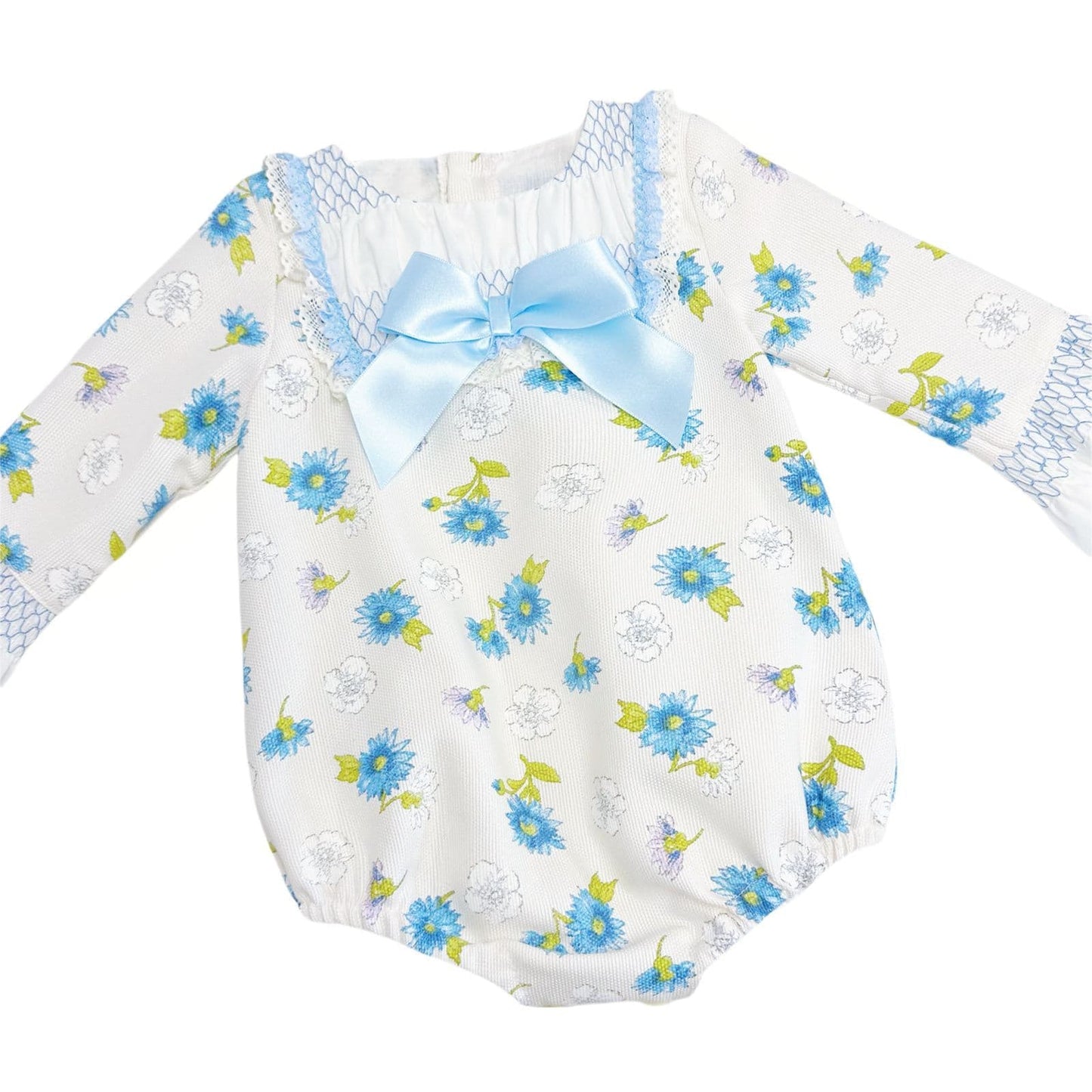 *Clearance* Baby Girl Blue/Cream Floral Smocked Romper "MYDC2468"