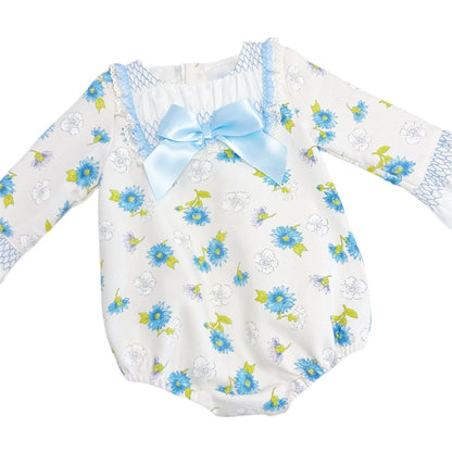 *Clearance* Baby Girl Blue/Cream Floral Smocked Romper "MYDC2468"