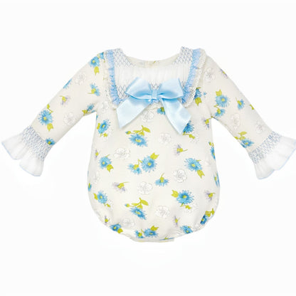 *Clearance* Baby Girl Blue/Cream Floral Smocked Romper "MYDC2468"