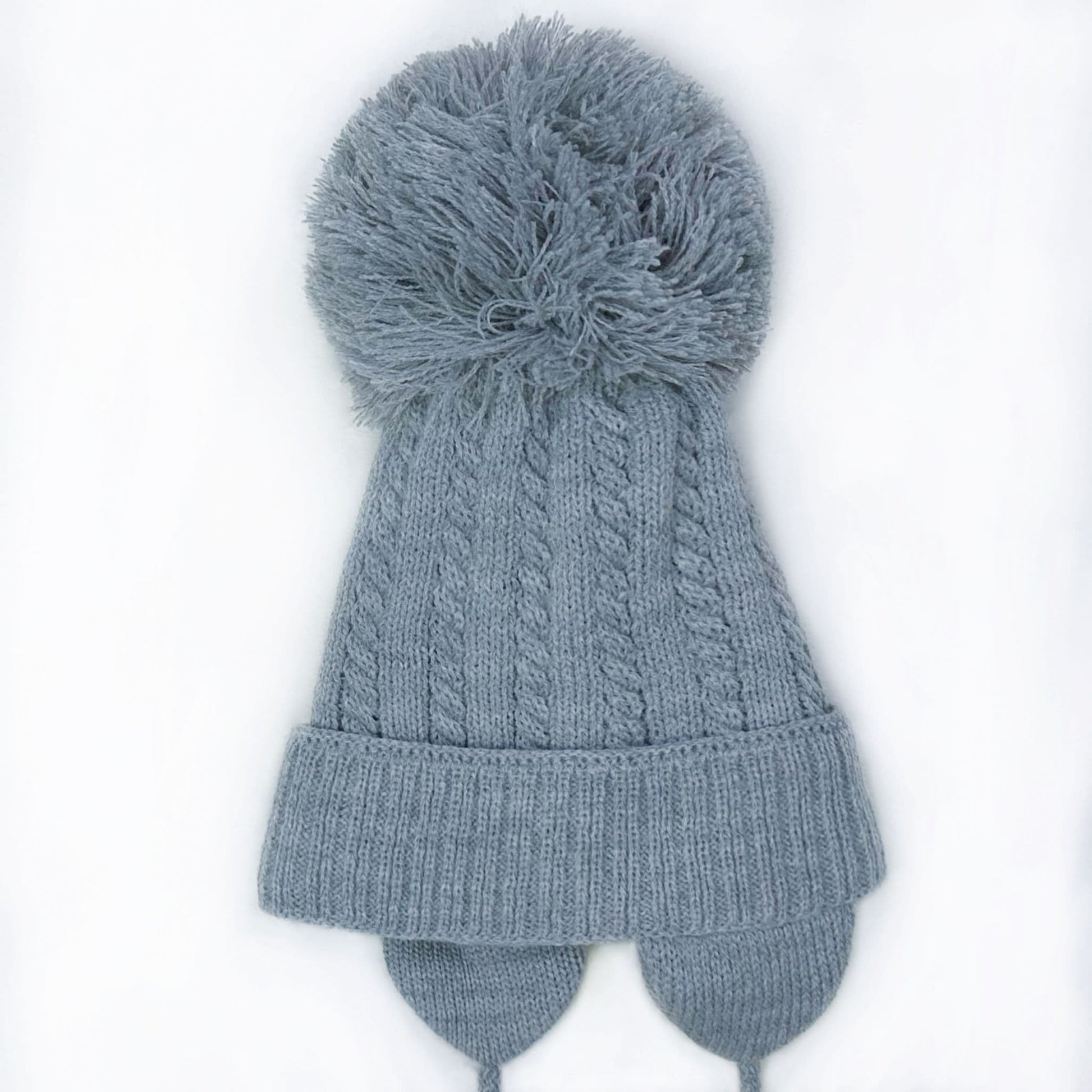 Grey Big Pom Cable Knit Hat with Tie and Ear Flap