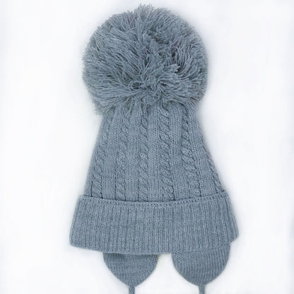 Grey Big Pom Cable Knit Hat with Tie and Ear Flap
