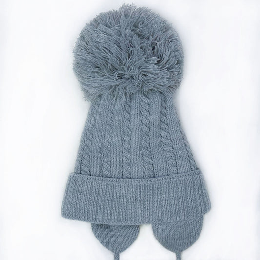 Grey Big Pom Cable Knit Hat with Tie and Ear Flap