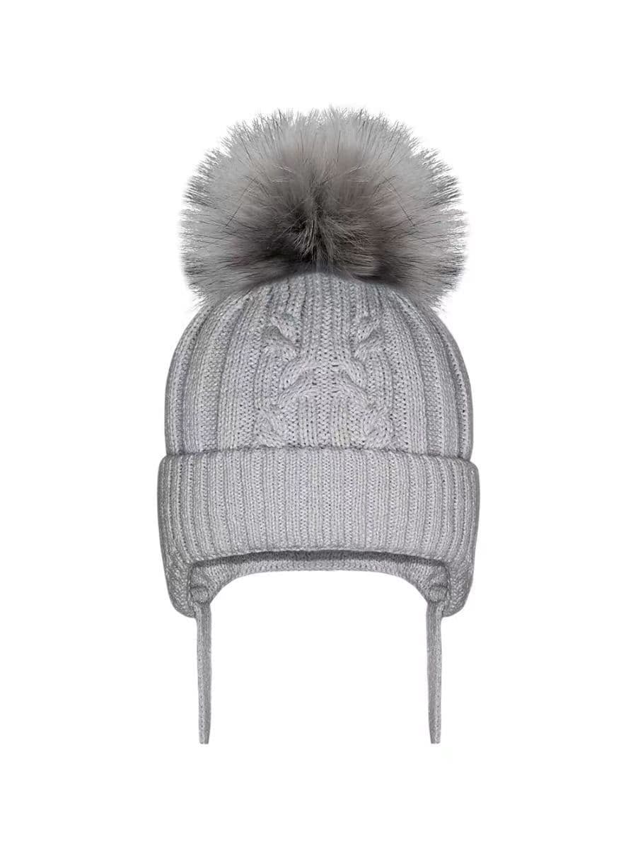 Grey Large Pom Cable Knit Tie Hat