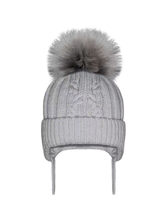 Grey Large Pom Cable Knit Tie Hat
