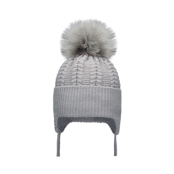 Grey Large Pom Chevron Knit Tie Hat