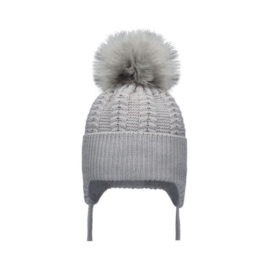 Grey Large Pom Chevron Knit Tie Hat