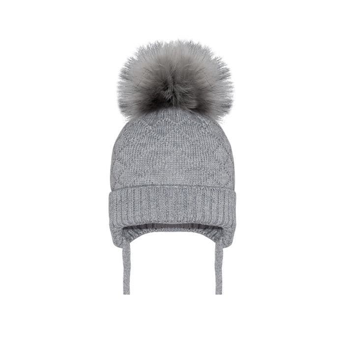 Grey Large Pom Diamond Knit Tie Hat