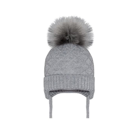 Grey Large Pom Diamond Knit Tie Hat