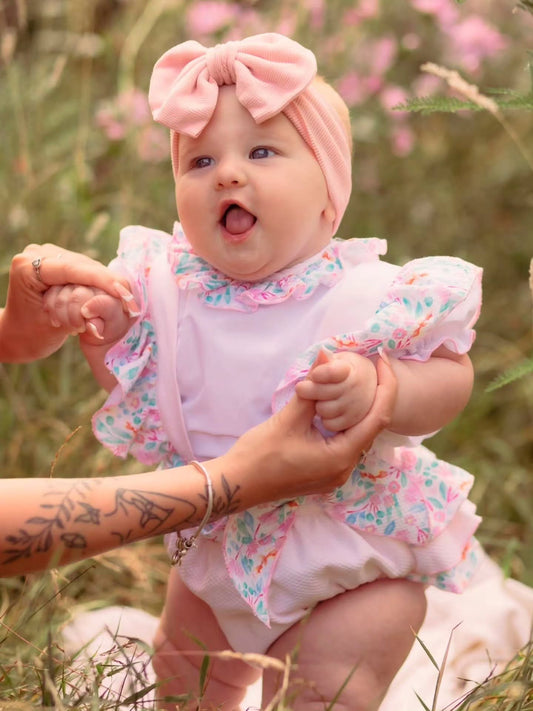 Baby Girls Pink Floral Waffle Frilly Romper Set with Shirt