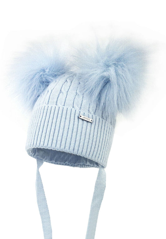 Baby Boys Blue Knitted Hat with Double Fur Pom