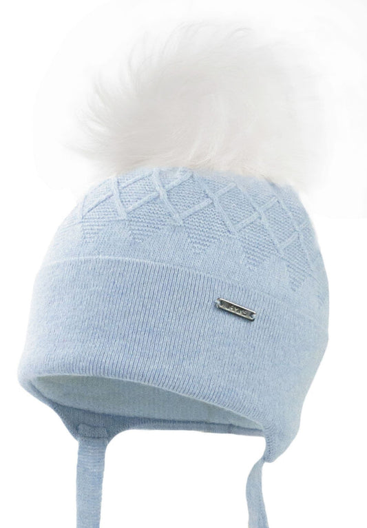 Baby Boys Blue Square Knit Wool Hat with Fur Pom