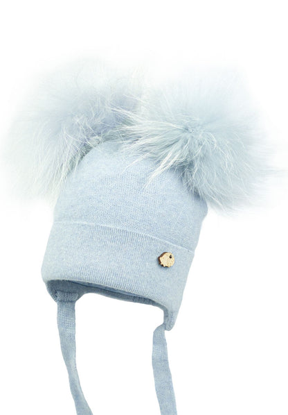 Baby Boys Blue Wool Hat with Double Fur Pom