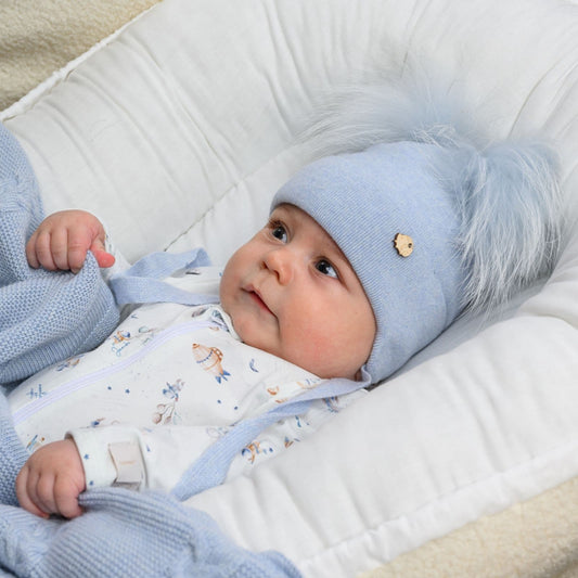 Baby Boys Blue Wool Hat with Double Fur Pom