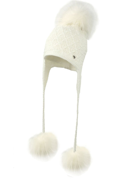 Baby Girls Beige 3 Mega Fur Pom Wool Hat