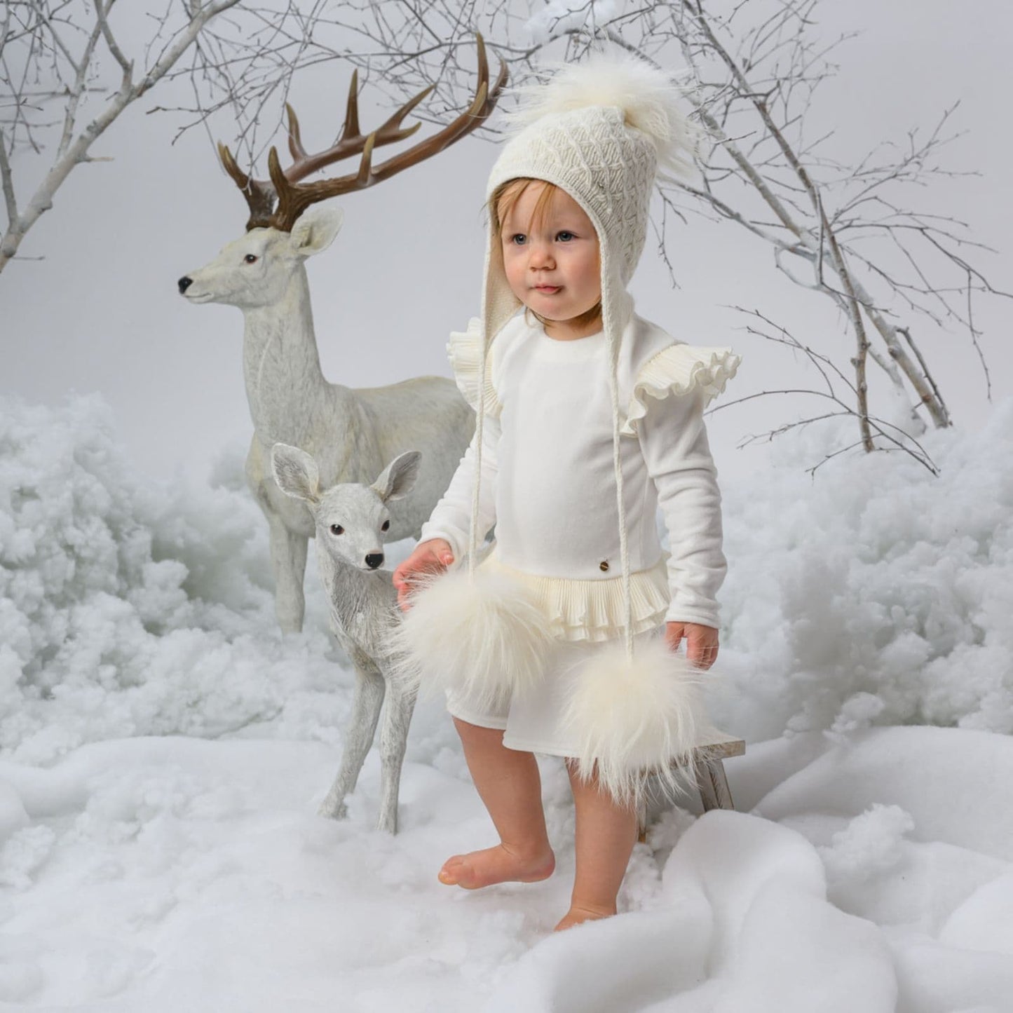 Baby Girls Beige 3 Mega Fur Pom Wool Hat