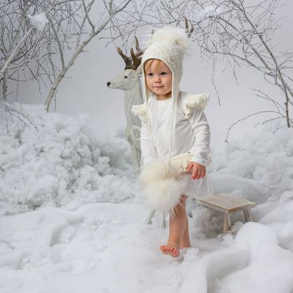 Baby Girls Beige 3 Mega Fur Pom Wool Hat