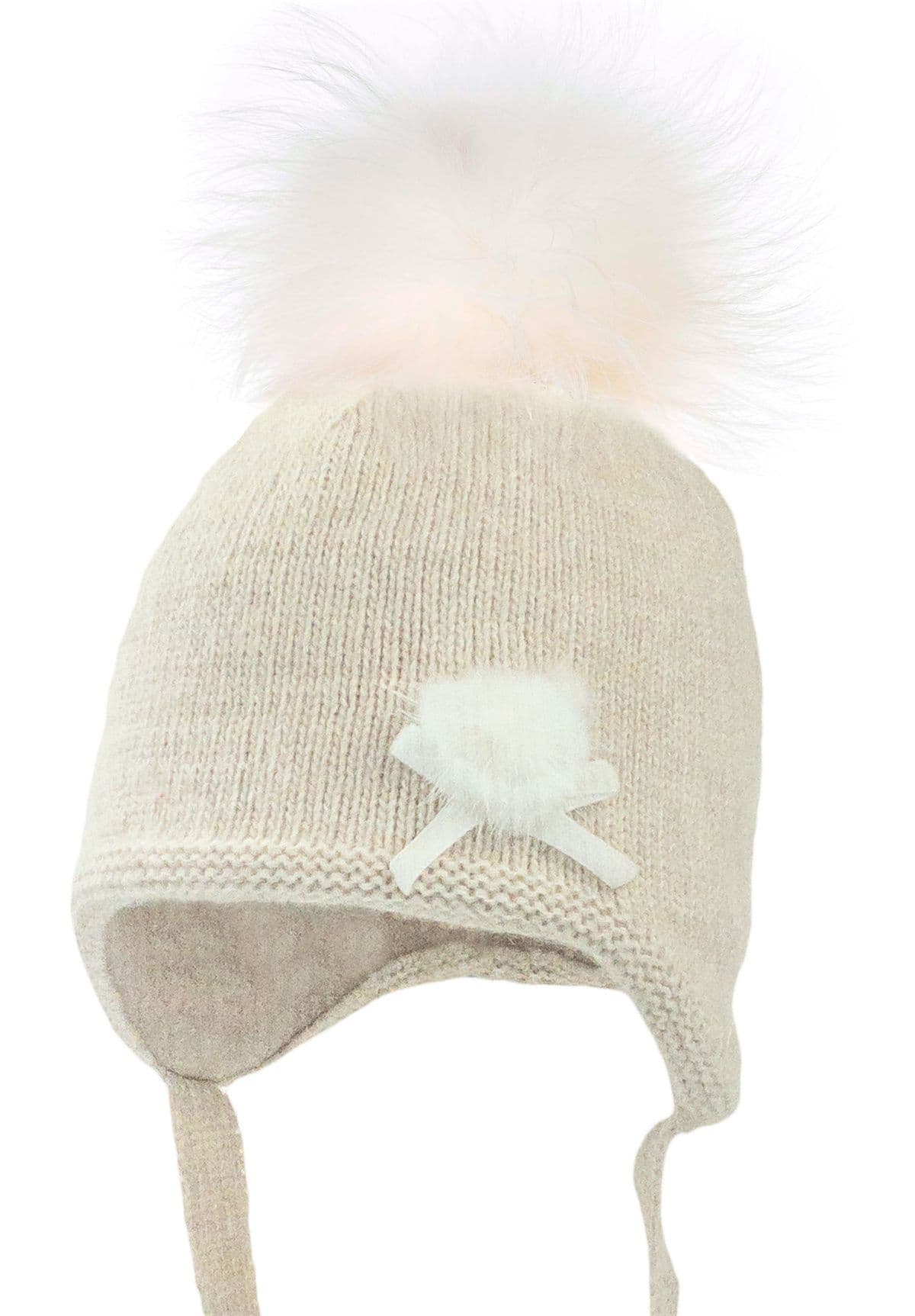 Baby Girls Beige Wool Hat with Fur Pom