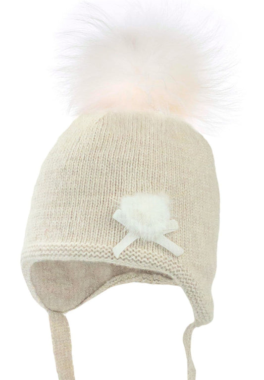 Baby Girls Beige Wool Hat with Fur Pom