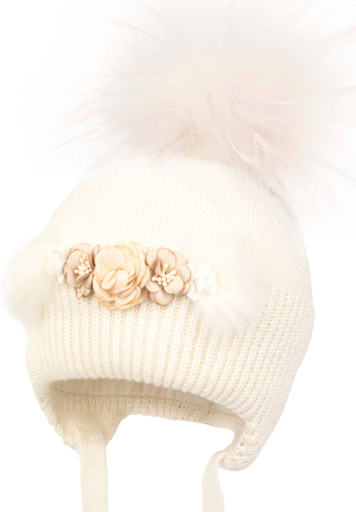 Baby Girls Ivory Flower Wool Hat with Fur Pom