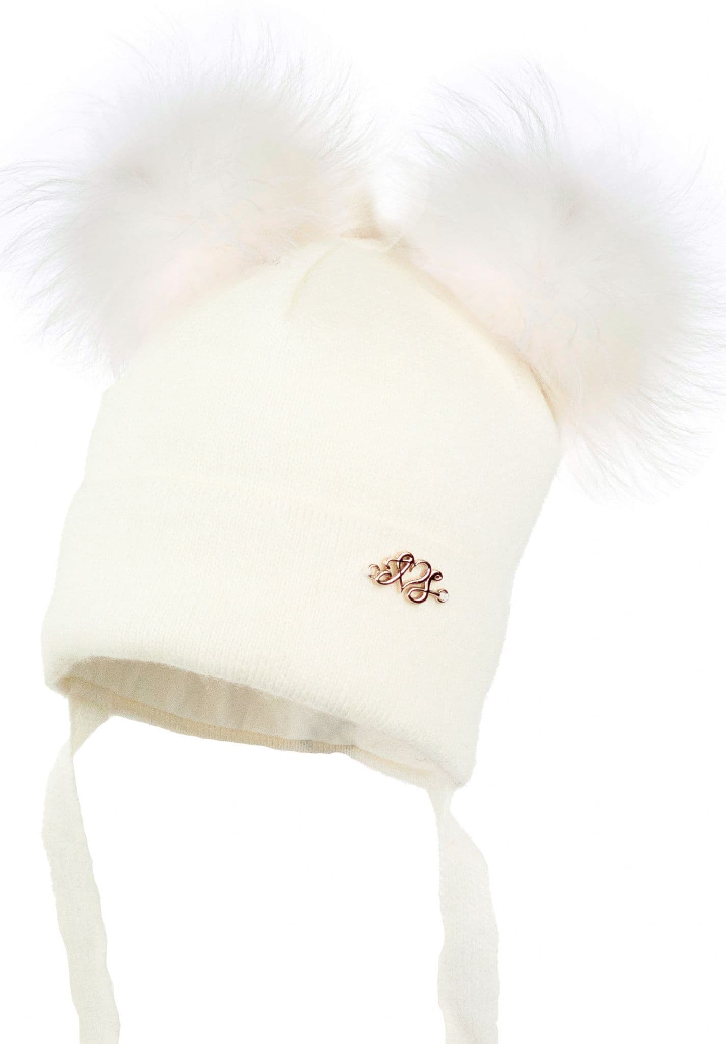 Baby Girls Ivory Wool Hat with Double Fur Poms