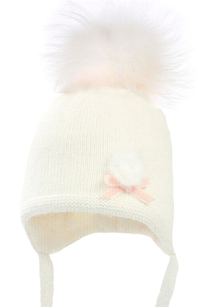 Baby Girls Ivory Wool Hat with Fur Pom