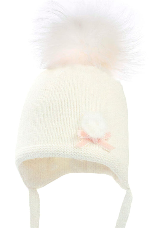 Baby Girls Ivory Wool Hat with Fur Pom