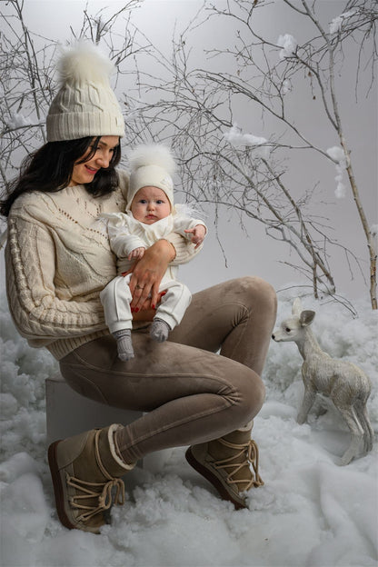 Baby Girls Ivory Wool Hat with Fur Pom