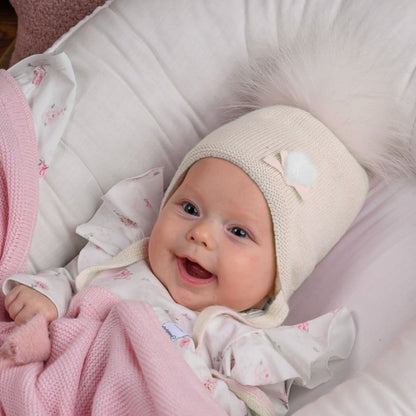 Baby Girls Ivory Wool Hat with Fur Pom