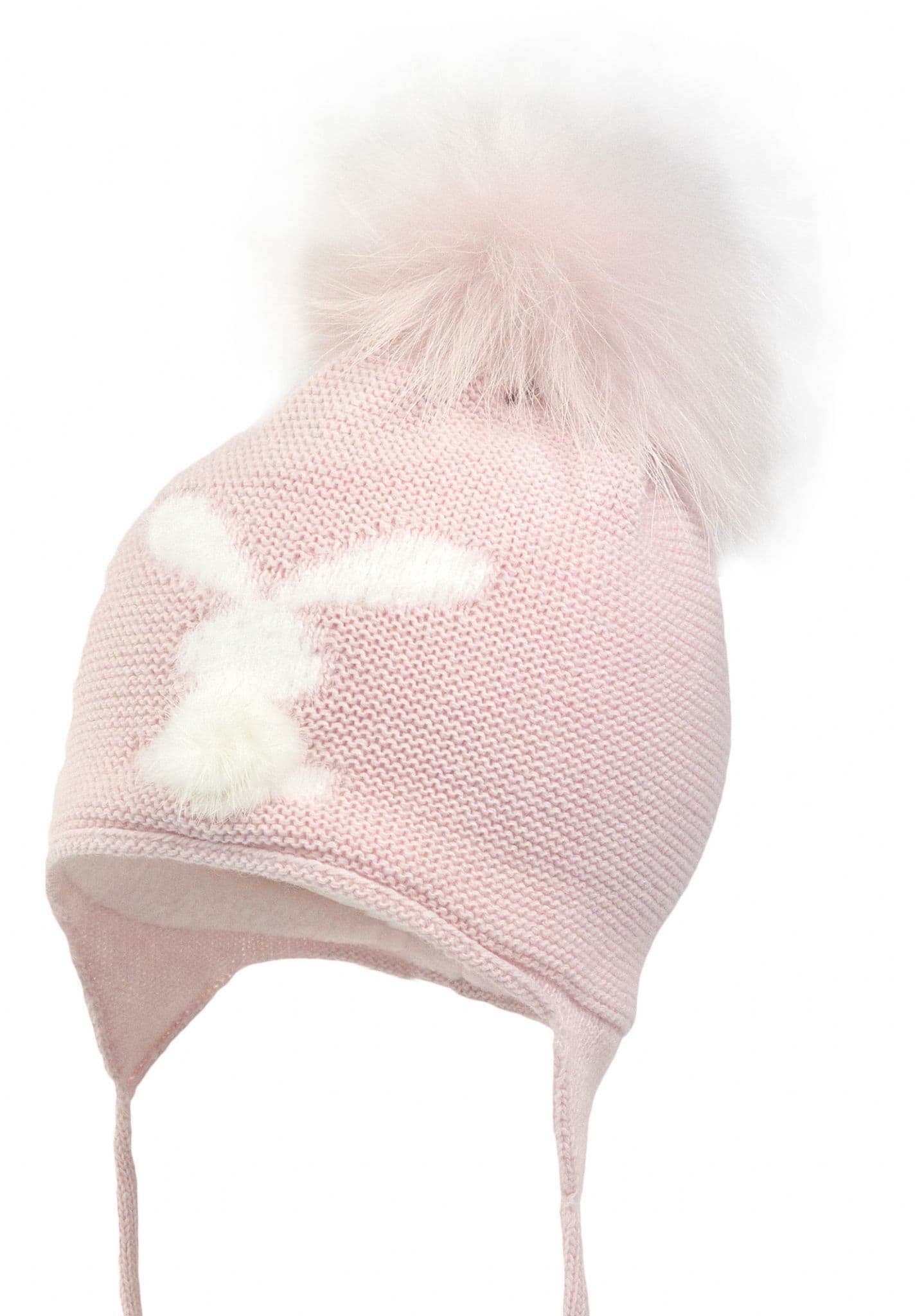 Baby Girls Pink Bunny Wool Hat with Fur Pom