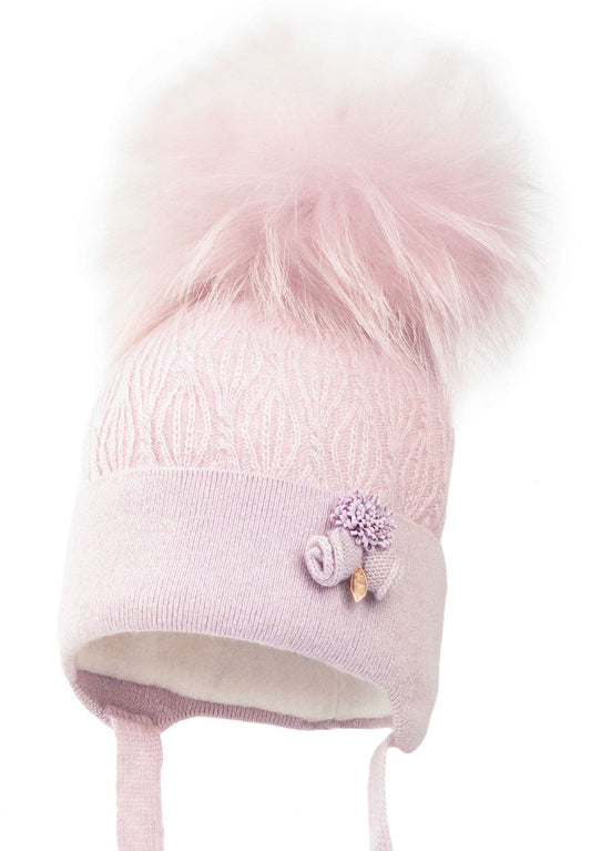 Baby Girls Pink Flower Wool Hat with Fur Pom
