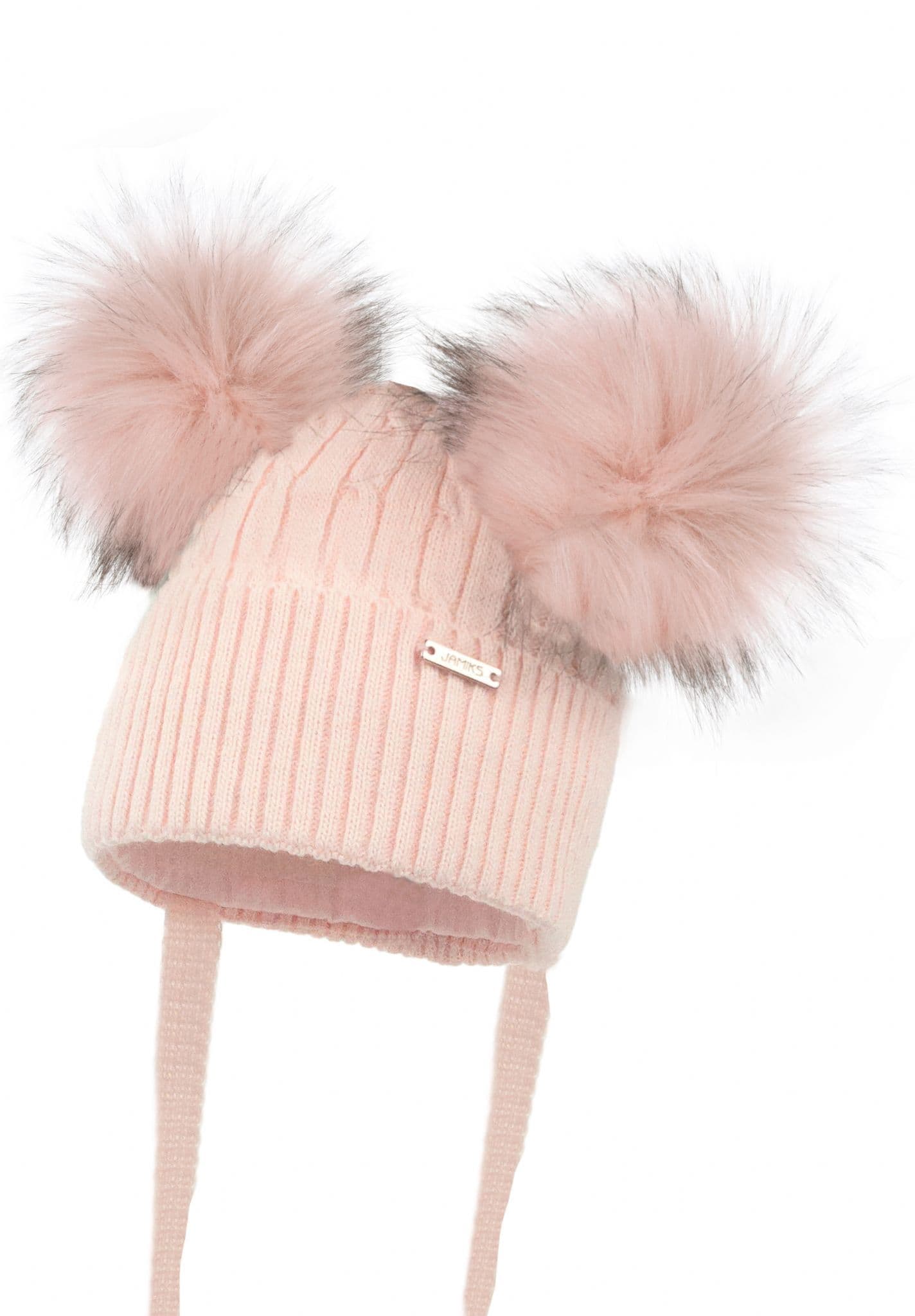 Baby Girls Pink Knitted Hat with Double Fur Pom